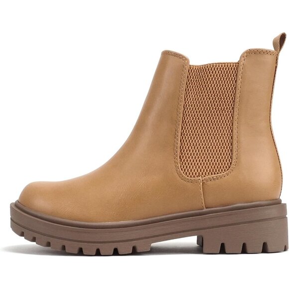 Women Blond Pu Lug Sole Low Chunky Heel Chelsea Double Elastic Ankle Booties
